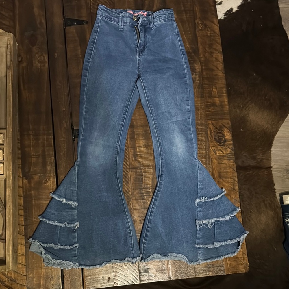 Bohemian Blue Flared Jeans with Tiered Ruffles